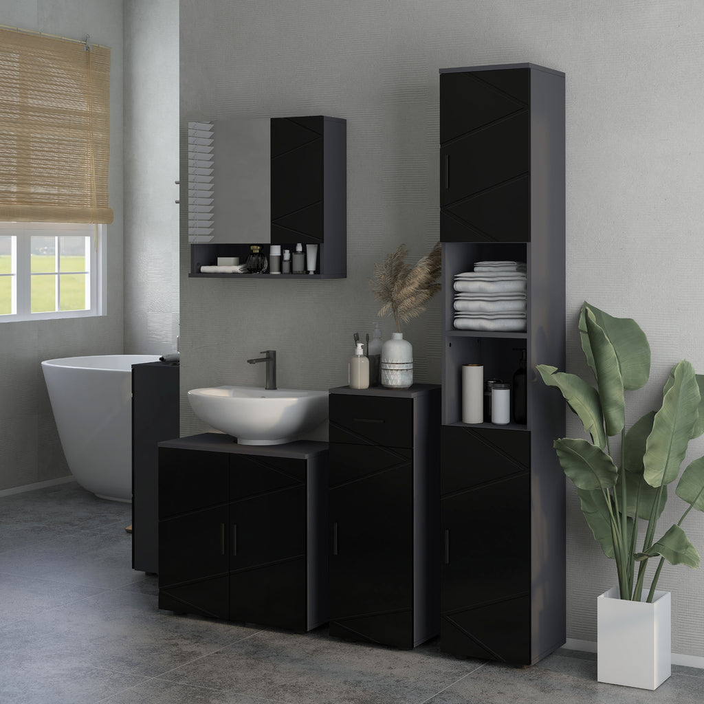 Kleankin Bathroom Cabinet in chipboard with drawer and 2nd levels adjustable, 30x30x82 cm, black and gray - Borgè