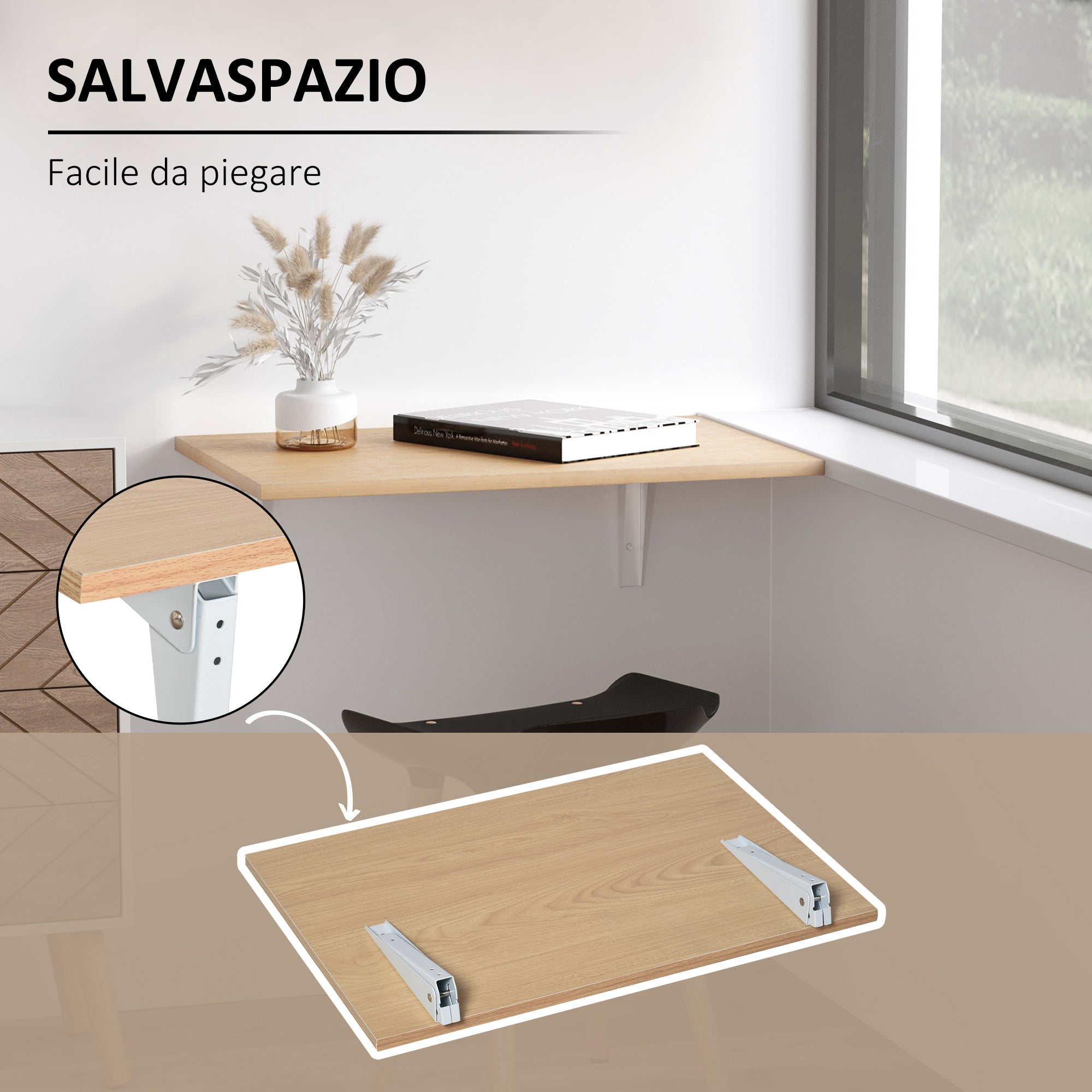 Wall table folding saving in MDF and wooden metal frame, 60x40x20cm - Borgè