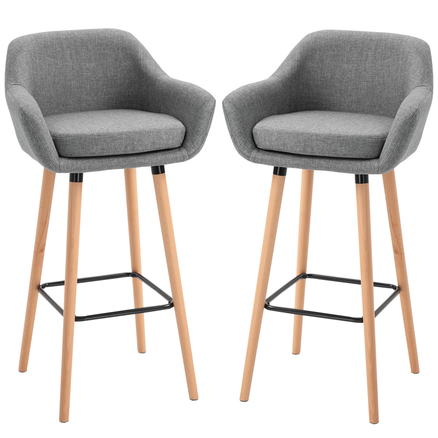 set of 2 modern bar stools with pillow, wooden legs and Grey fabric covering - Borgè