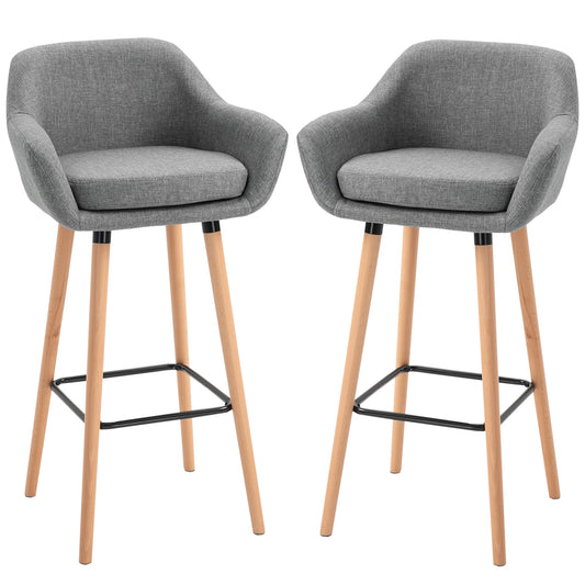 set of 2 modern bar stools with pillow, wooden legs and Grey fabric covering - Borgè