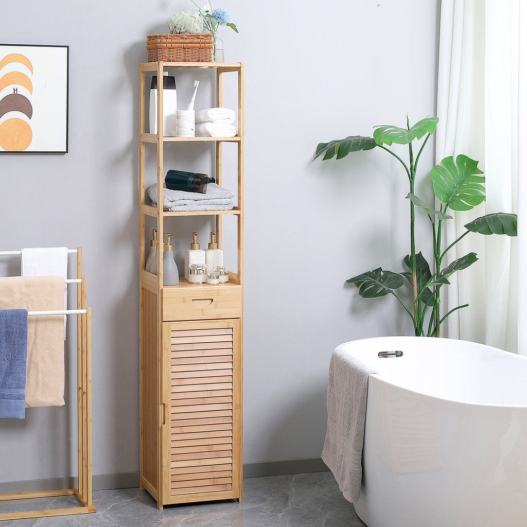 Kleankin High Bathroom Cabinet in Bamboo with 3 open shelves, a drawer and a locker, 32x30x163 cm, wooden color - Borgè