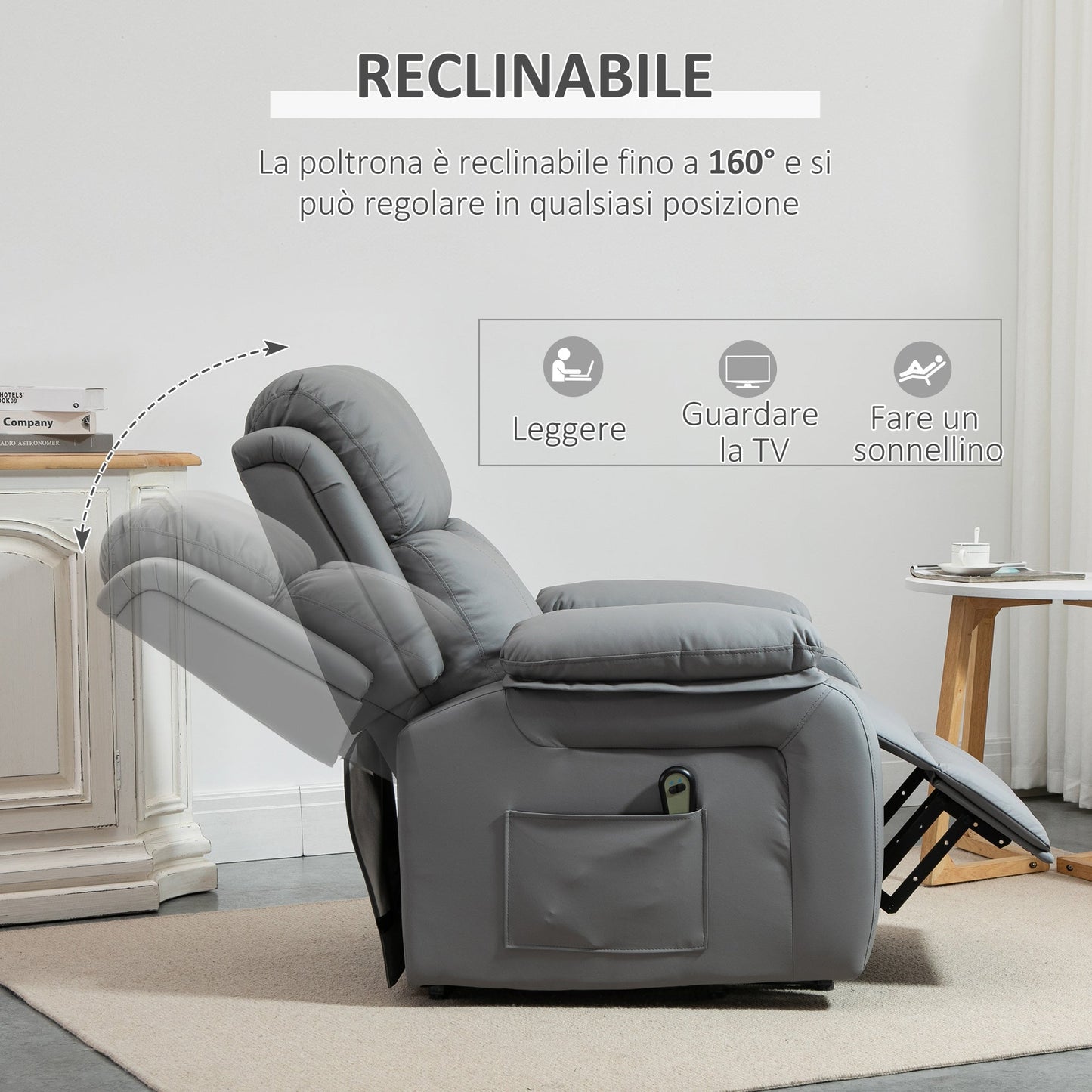 Reclinable Grey Armchair with Lift Assist up to 160 Â° with remote control - Borgè