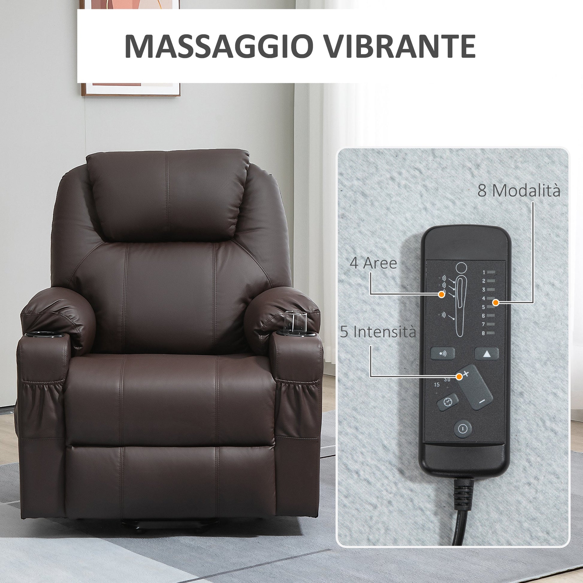 Reclinable Brown Armchair with Lift Assist up to 135 ° with Cup Holders, Remote control and Footrest | 88x92x106 cm - Borgè