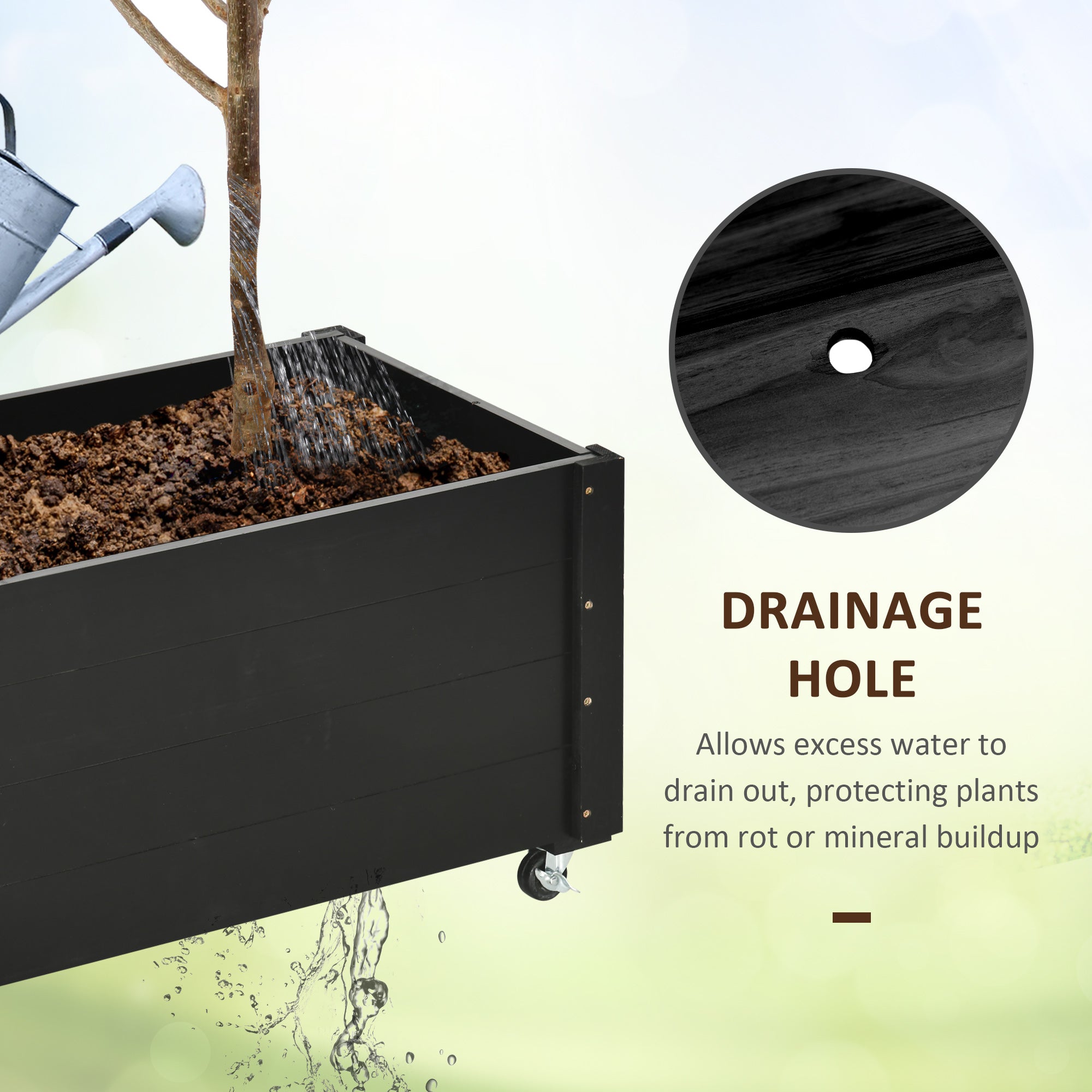 Outsunny garden flock with drainage hole and wheels, in fir wood, 89x48x47 cm, black - Borgè