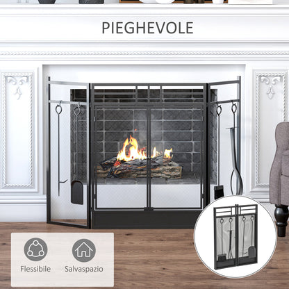 Modern Fireplace Parascintille, Folding Parafuoco with 2 metal doors - Black