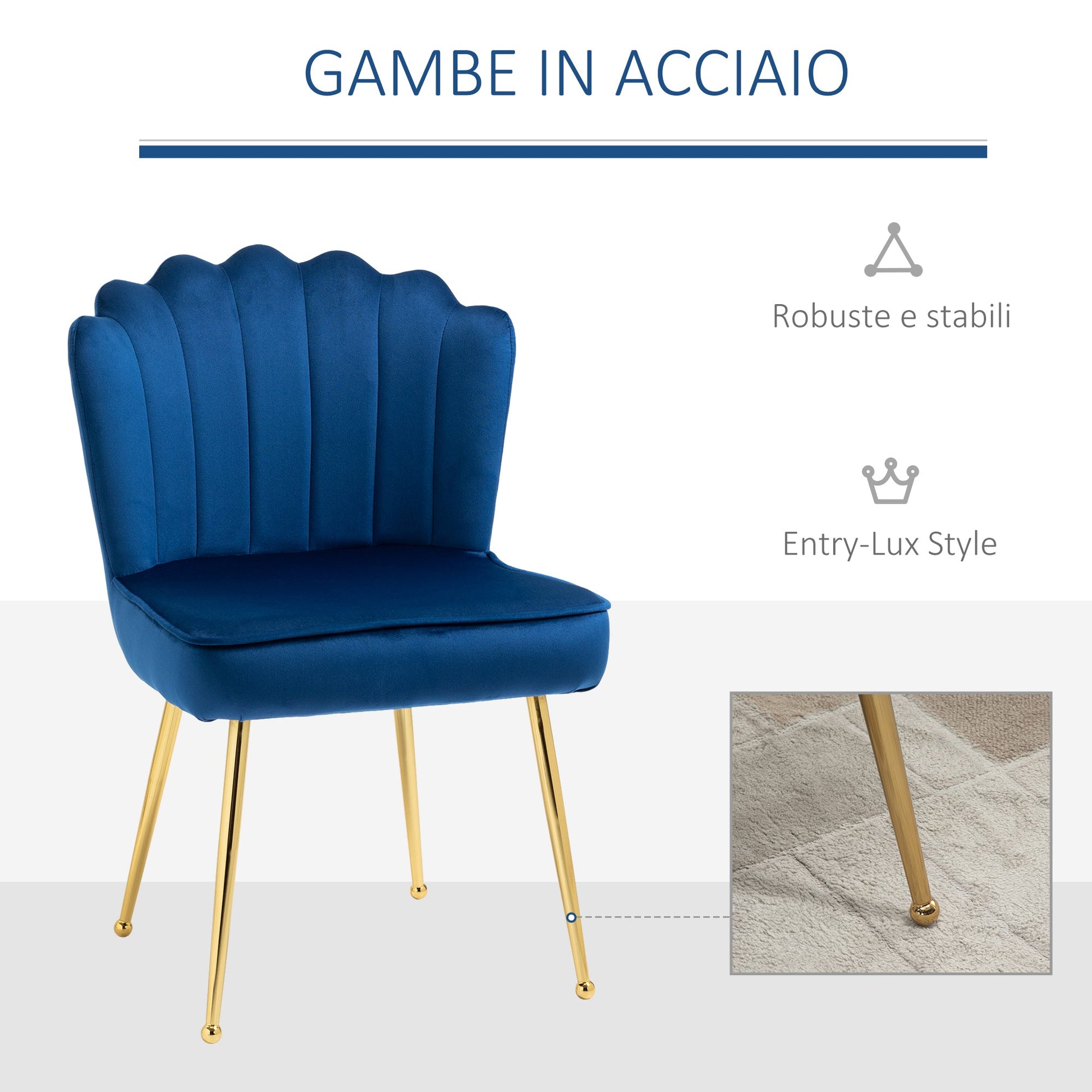 Set 2 modern and padded chairs for living room or living room with velvet effect coating, 57x58x88cm - blue - Borgè