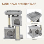 Cat Tree with Sisal Poles, Bed and 2 Houses, 59x39x83cm, Grey - Borge' Group Limited