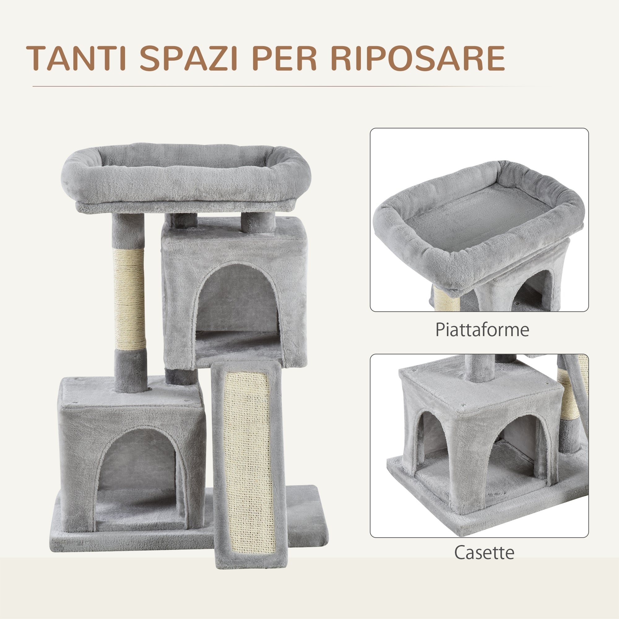 Cat Tree with Sisal Poles, Bed and 2 Houses, 59x39x83cm, Grey - Borge' Group Limited