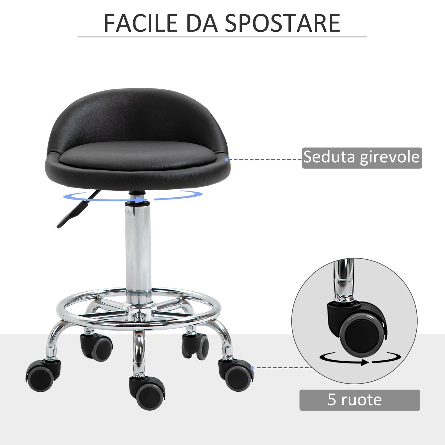 Beauty Stool with Wheels, Adjustable Height, and Comfortable Coating | 38x38x57-72cm