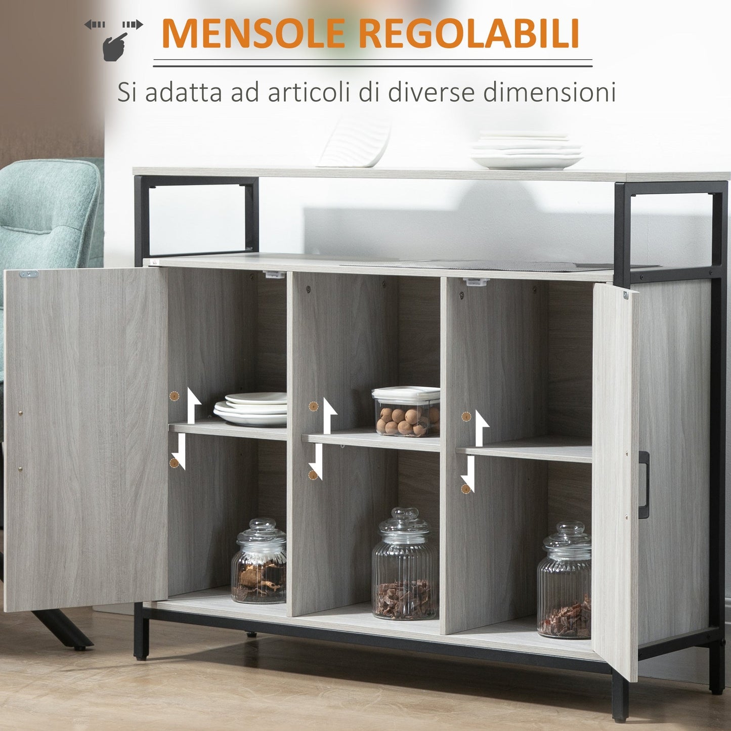 Modern wooden belief with 2 lockers and shelves, 100x34x87.2cm, light Grey - Borgè