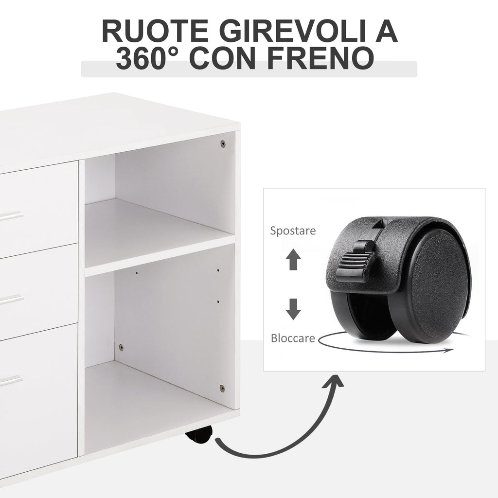 Multiuse office mobile with wooden drawers shelves - White - Borgè