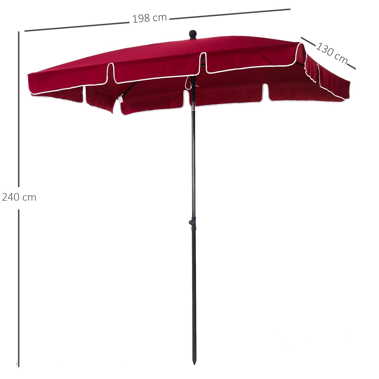 Outsunny rectangular garden umbrella with adjustable inclination and aluminum pole, 198x130x240cm, red and black - Borgè