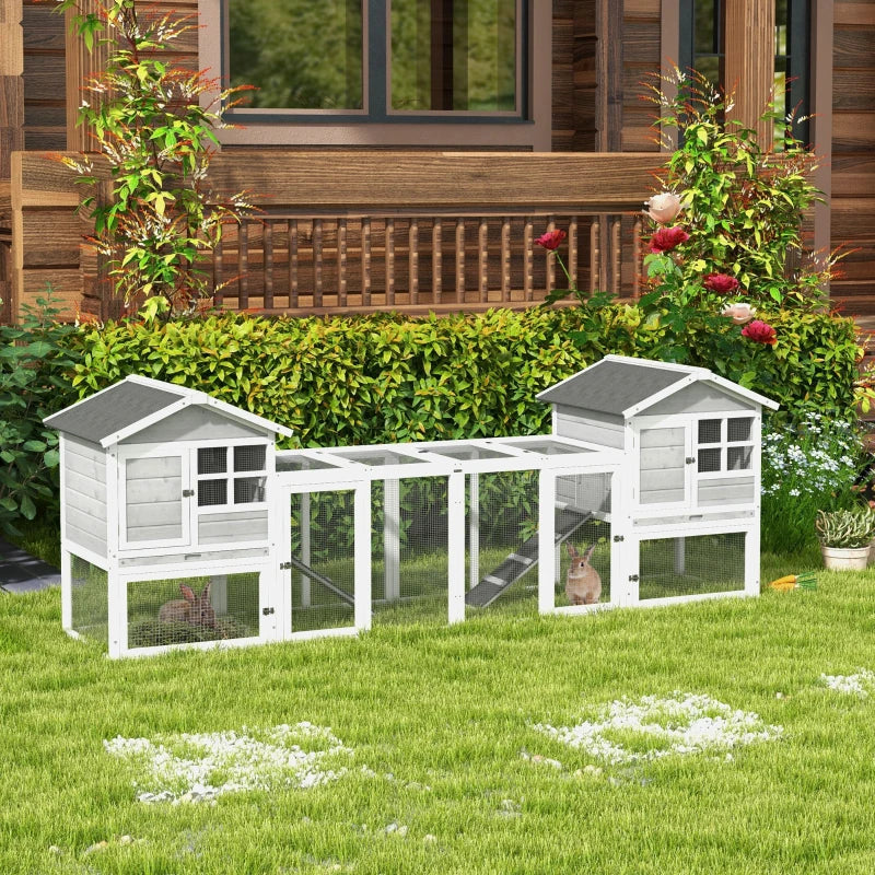 Outdoor Chicken wooden bun with 2 houses and open area fenced with doors and ramps, 259x64x92 cm, gray - Borgè