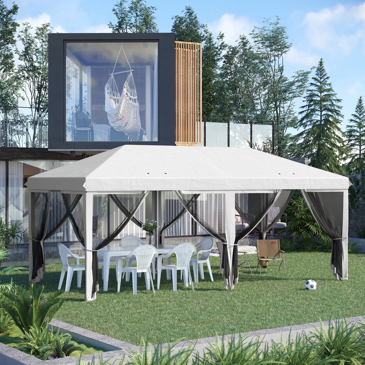 Folding gazebo outsunny with 6 mosquito nets and steel structure, 585x295x270cm, cream white - Borgè