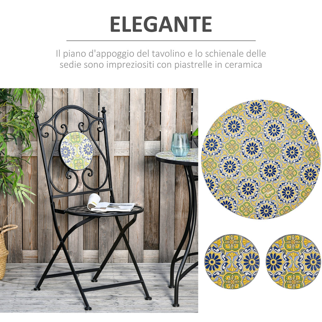 MAIOLICA | Mosaic 3 Piece Balcony Table and Chair Set, Folding Metal Garden Set with Colorful Majolica, Multicolor - Borge' Group Limited