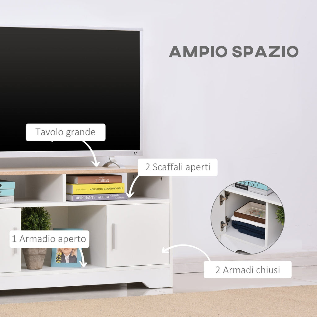 Mobile TV with 3 open compartments, 2 cabinets and support surface for TV up to 42 ", in chipboard, 105x40x52cm, white and wood - Borgè