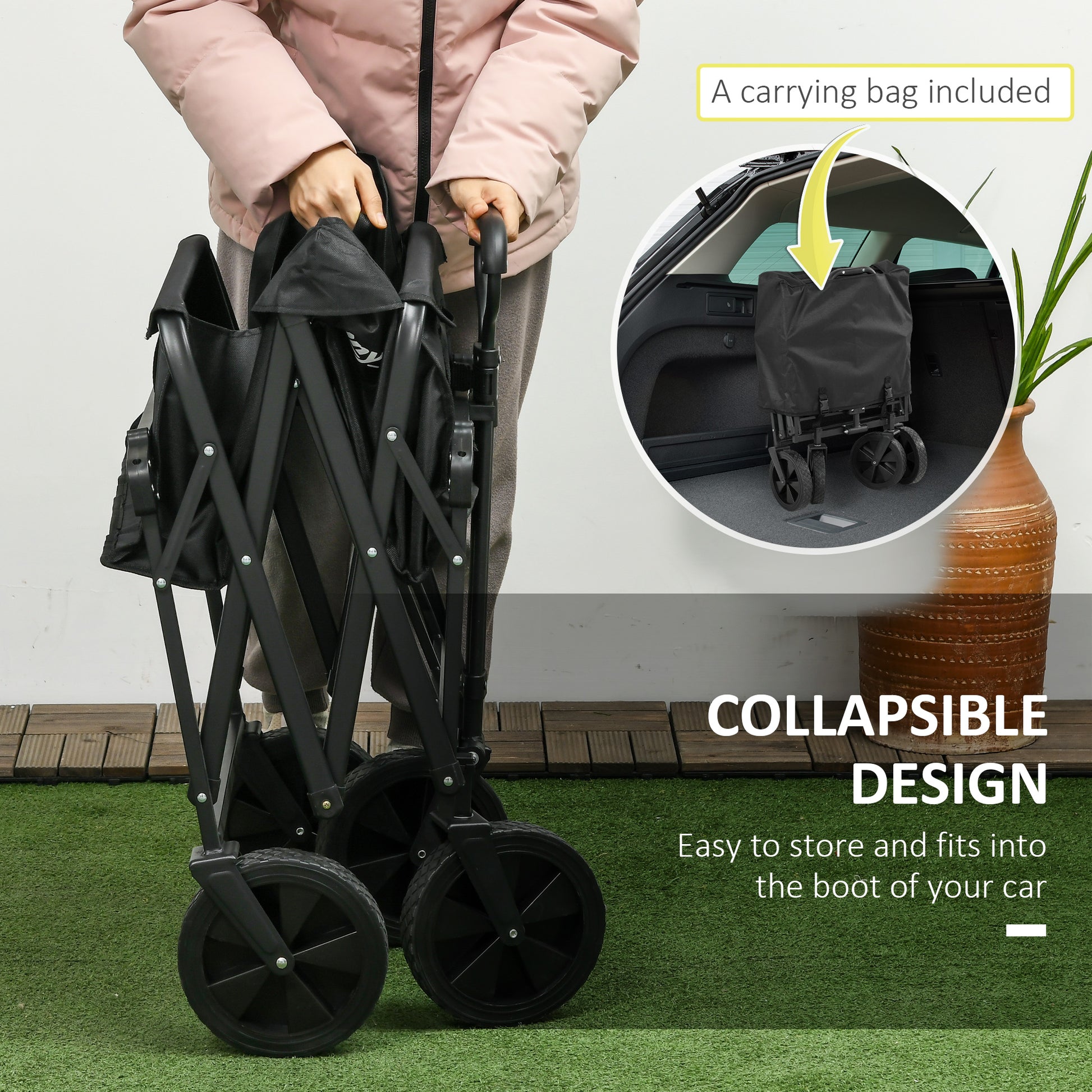 Outsunny garden trolley 110L with telescopic handle and steel roof and oxford fabric, black - Borgè