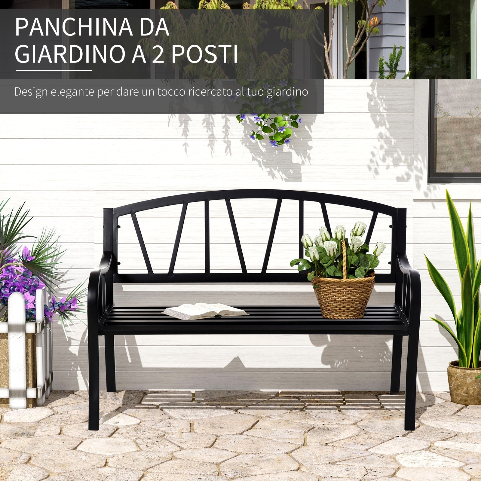 Waterproof Black Metal Garden Bench, 2-Seater Iron Outdoor Bench, 128x56x86cm - Borge' Group Limited