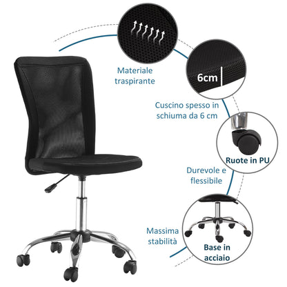 Ergonomic office chair without armrests, breathable mesh fabric, adjustable height and 5 wheels, 43x58x90-100cm, black - Borgè