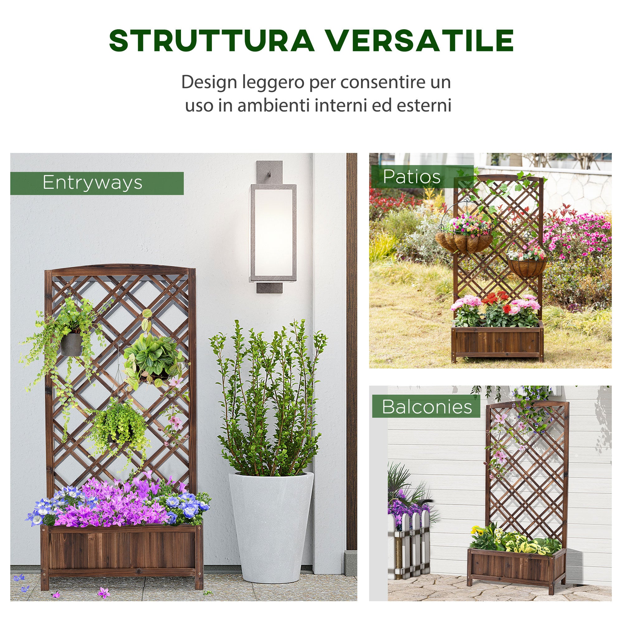 Outsunny Outdoor Fioriera with wooden grill for climbing plants, 60x30x122.5 cm, brown - Borgè
