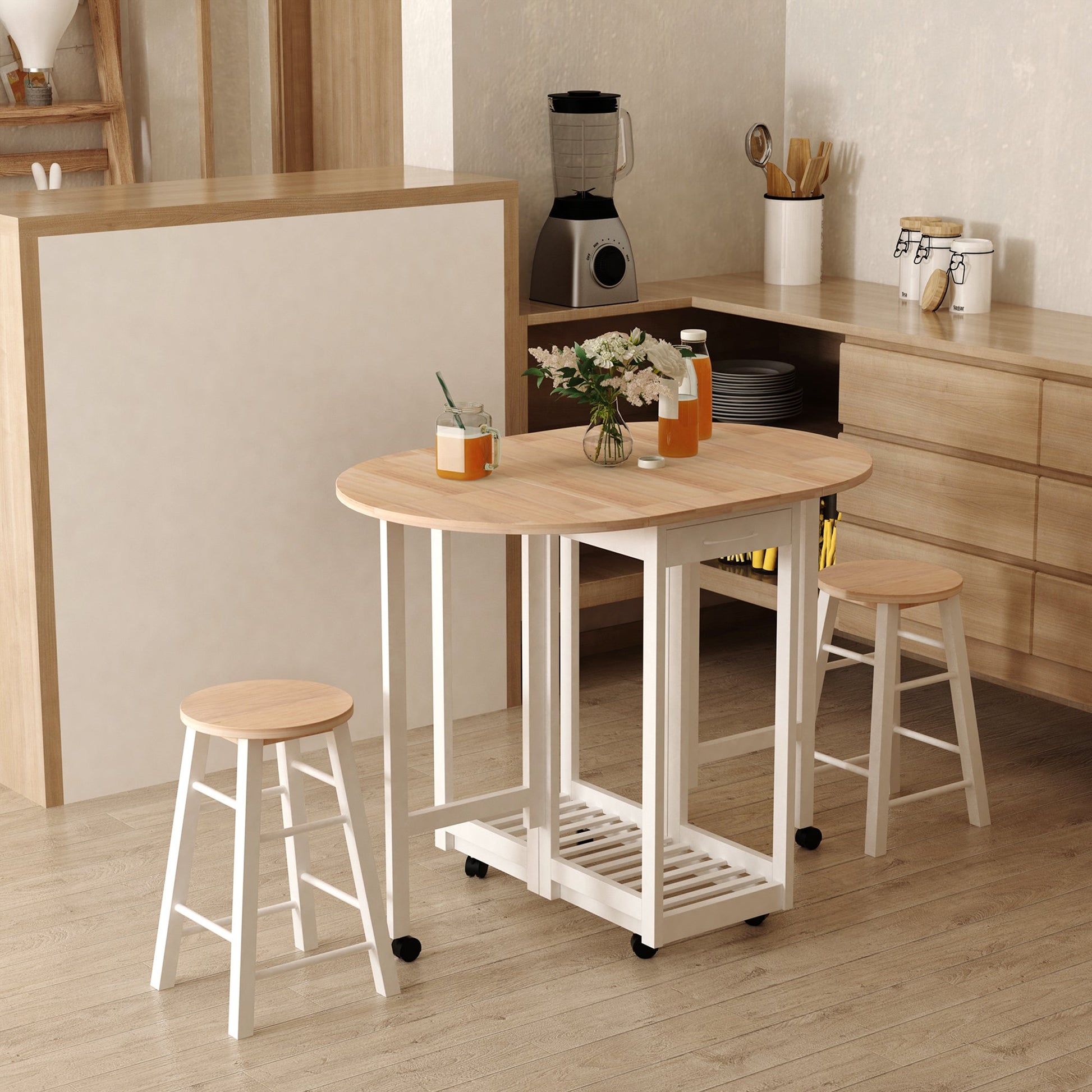 set 3 pieces folding table table and 2 saving stools - white and wood - Borgè