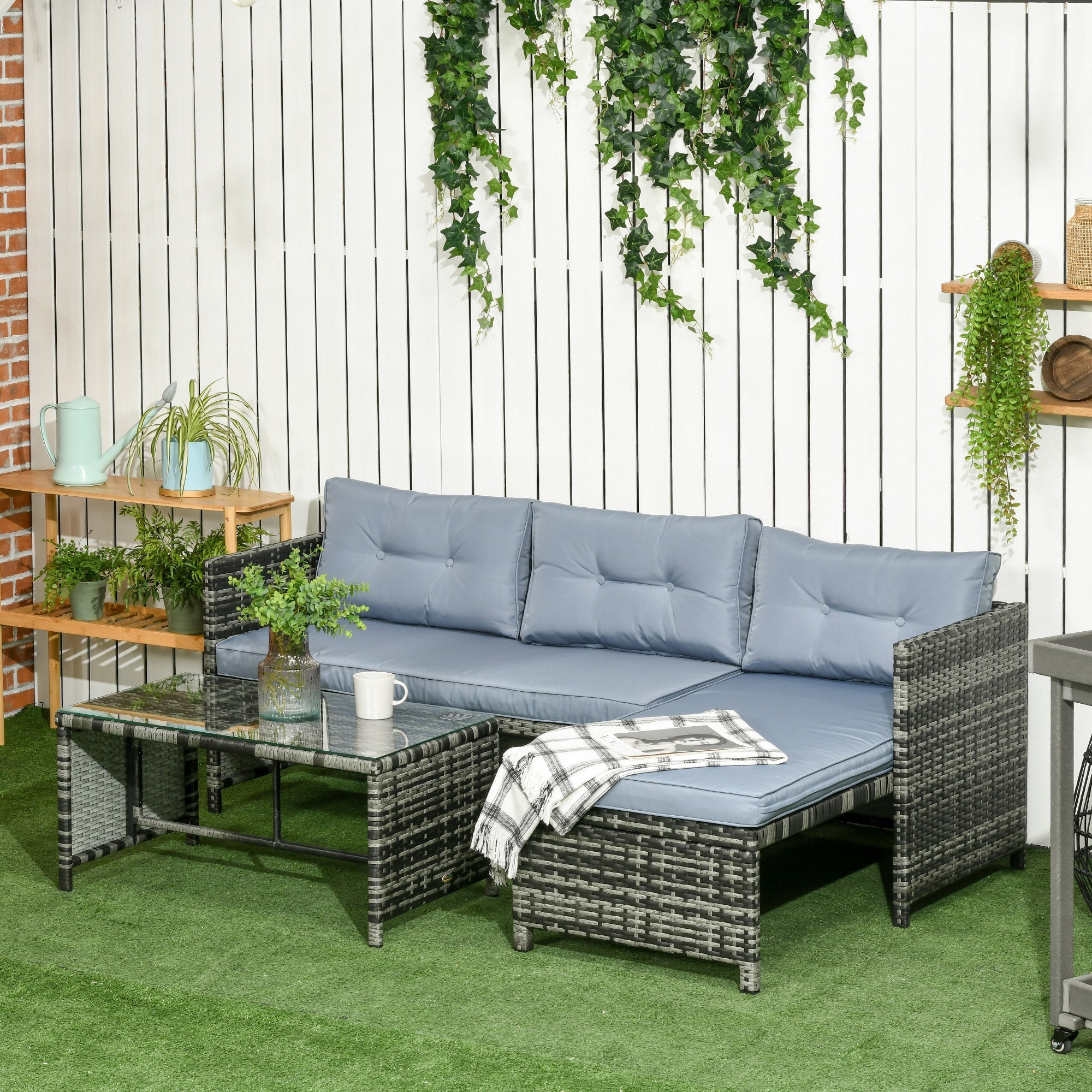 Garden Lounge Set with Sofa, Chaise Longue and Coffee Table in PE Rattan with Cushions, Grey - Borge' Group Limited