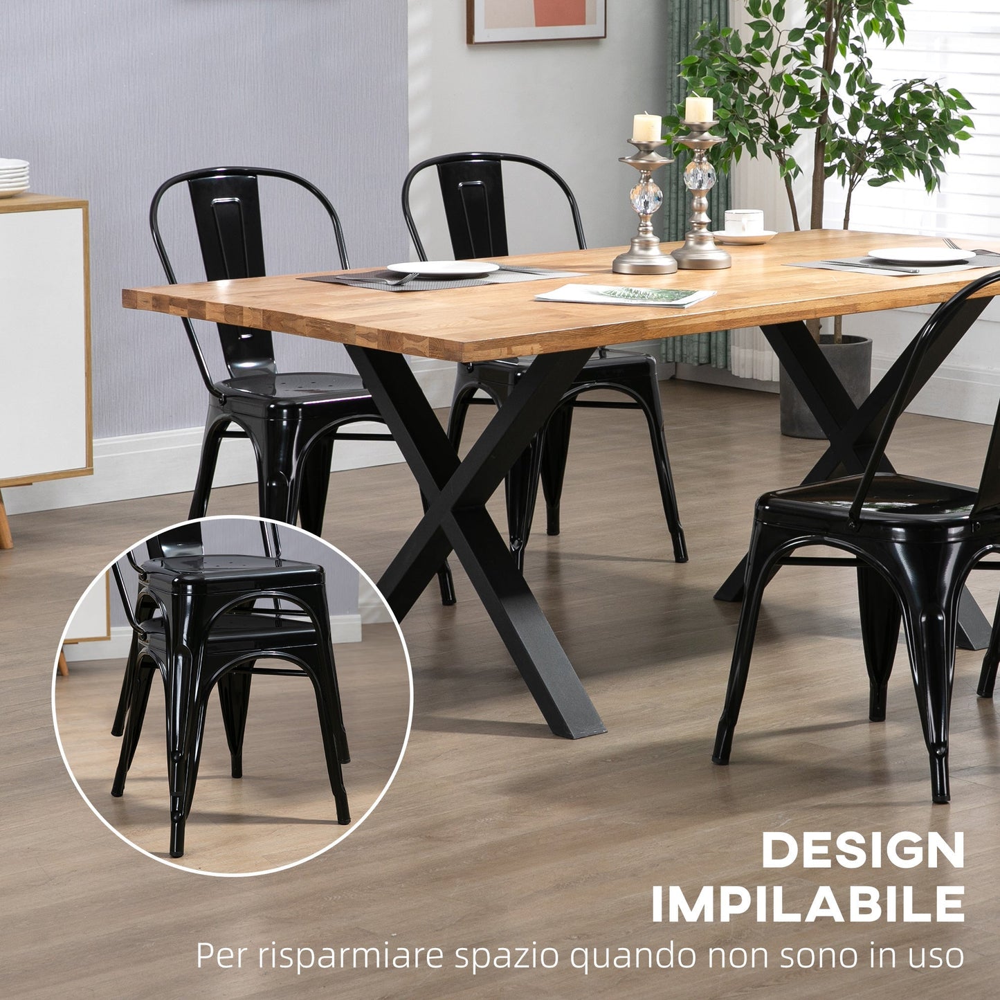 Homcom sets of 4 stainless steel industrial style kitchen chairs, 53x45x85cm, black - Borgè