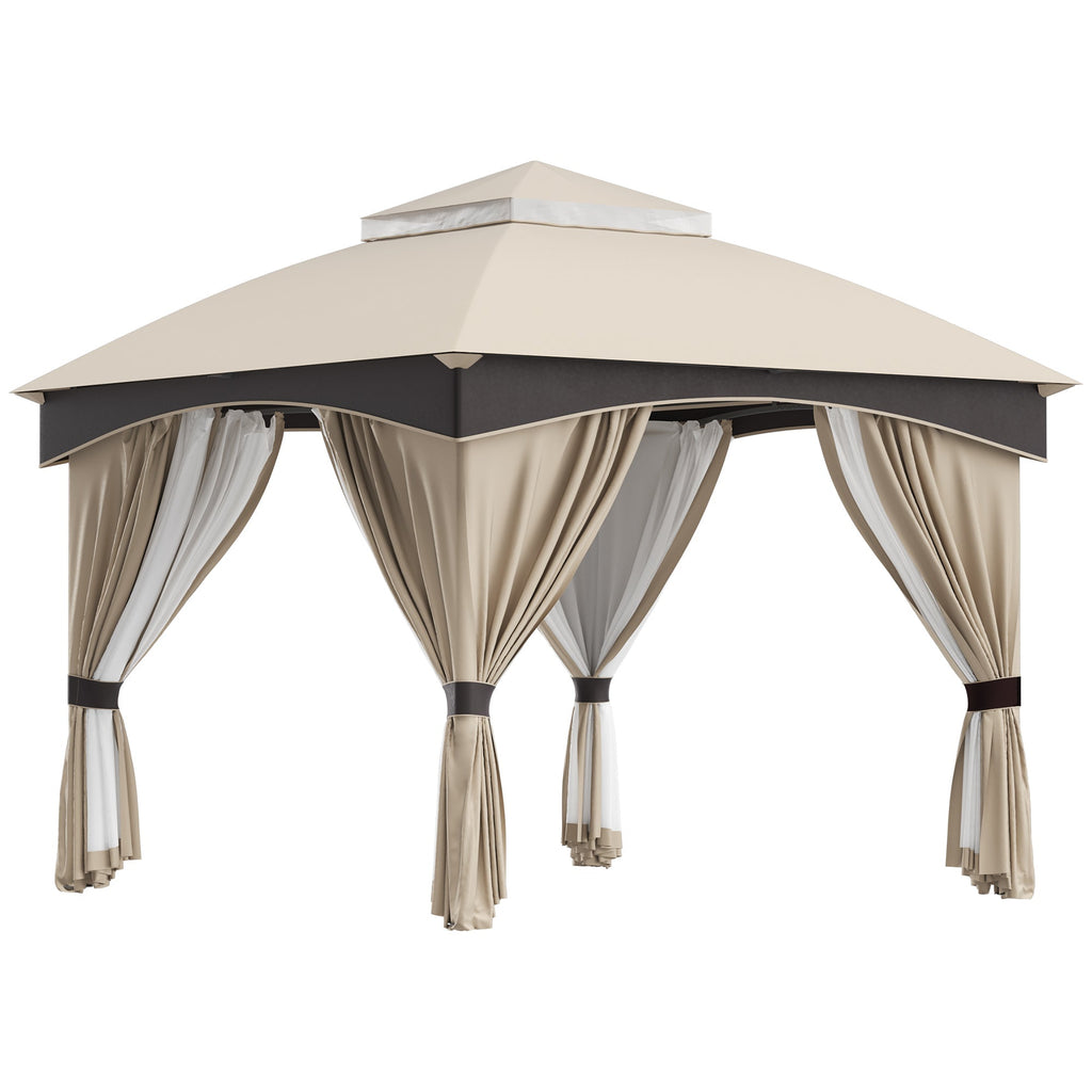3x3m Steel Garden Gazebo with Double Roof and Curtains, Beige and Grey - Borge' Group Limited