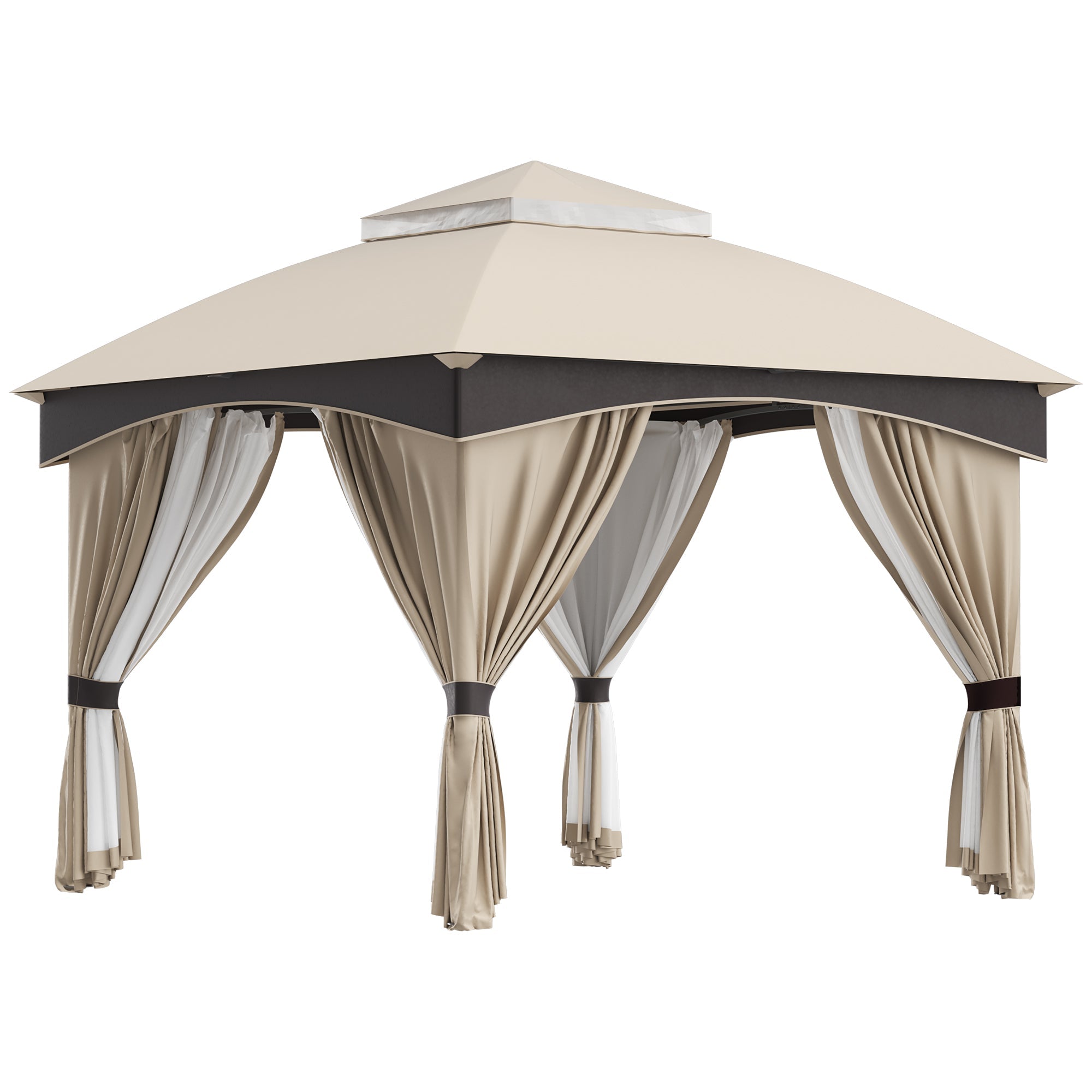 3x3m Steel Garden Gazebo with Double Roof and Curtains, Beige and Grey - Borge' Group Limited