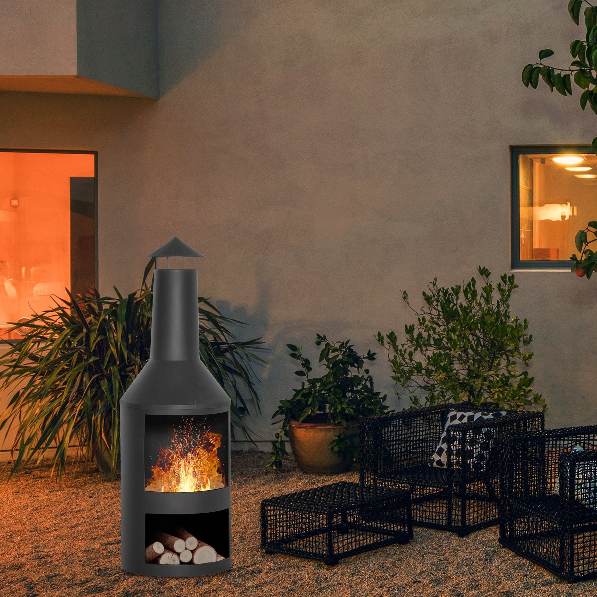 VULCANO | Outdoor Black Firepit / Brazier with Wood Storage - Borgè