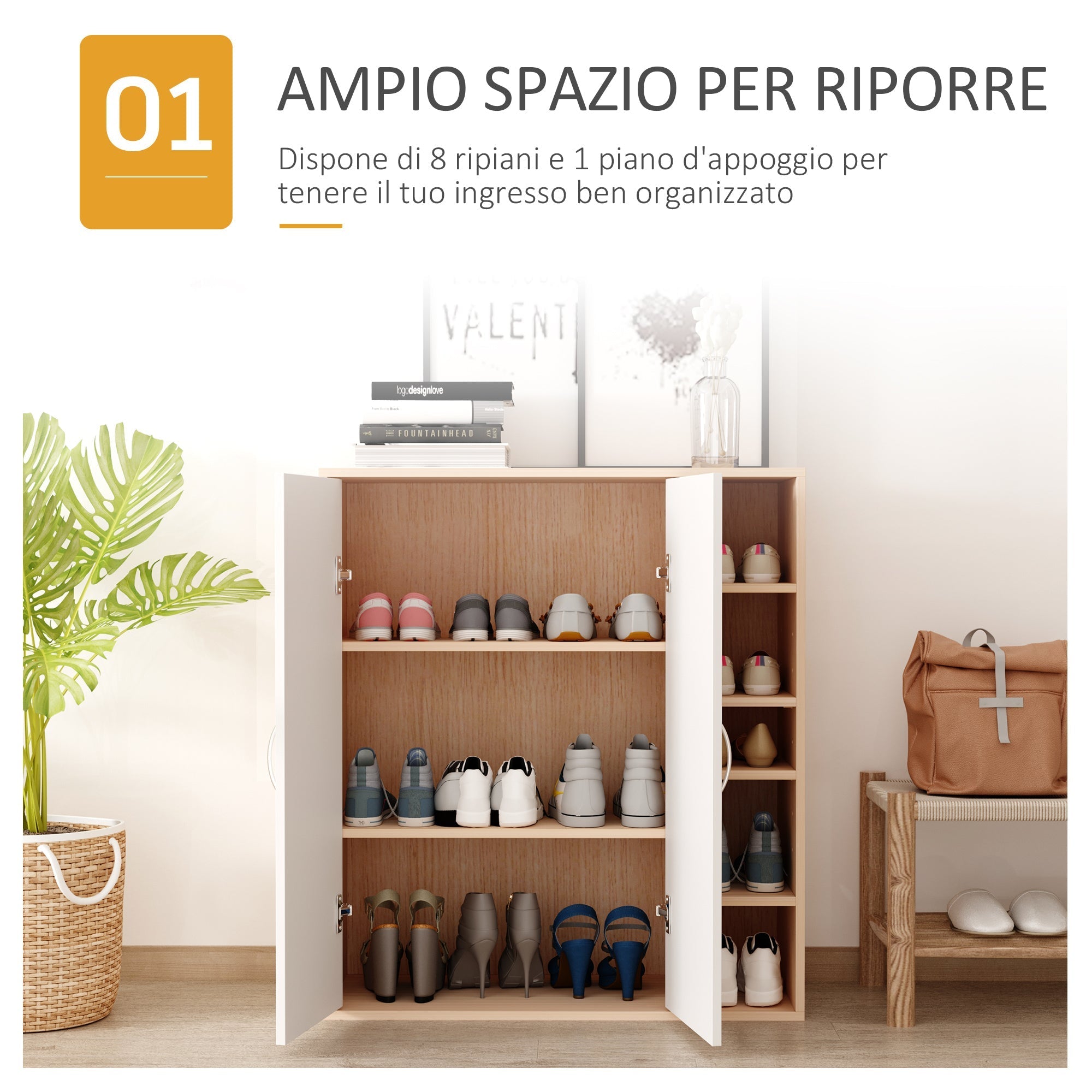 Multiuse cabinet with 2 adjustable shelves white and light wood adjustable shelves - Borgè