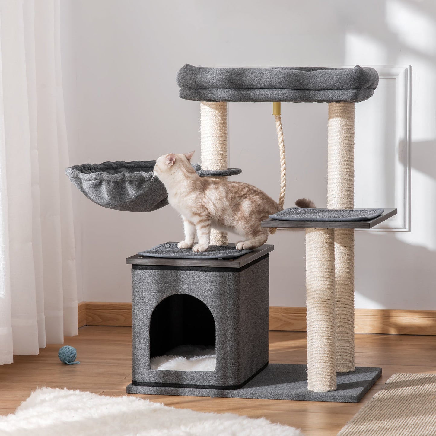 Cat Tree for cats with Scratch Pole with bed, hammock, house and poles in Sisal, 60x40x83cm, Grey - Borgè