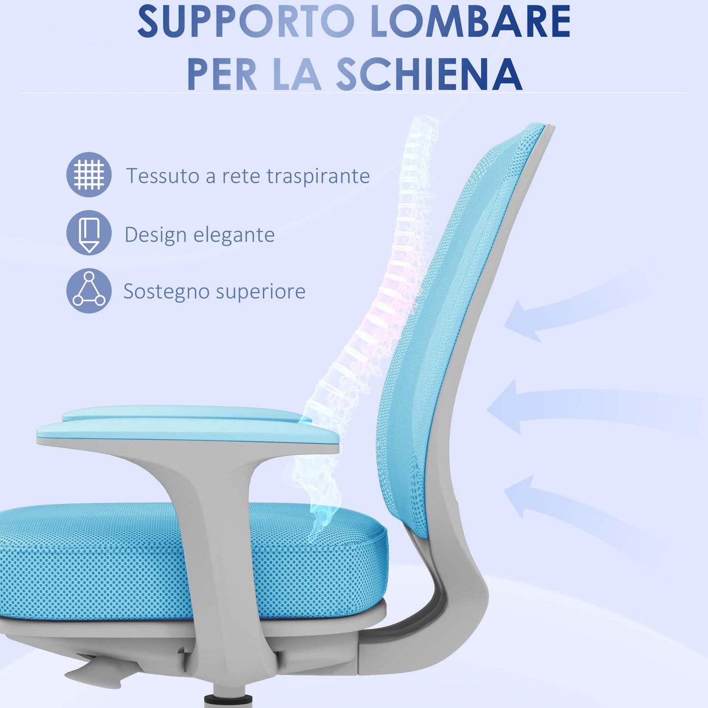 Ergonomic office chair and reclining at adjustable height with 5 wheels, 55x48x82.5-94.5 cm, light blue - Borgè