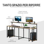 Homcom Double desk with shelves and industrial style shelf in metal and mdf, 200x53x100cm, black brown - Borgè