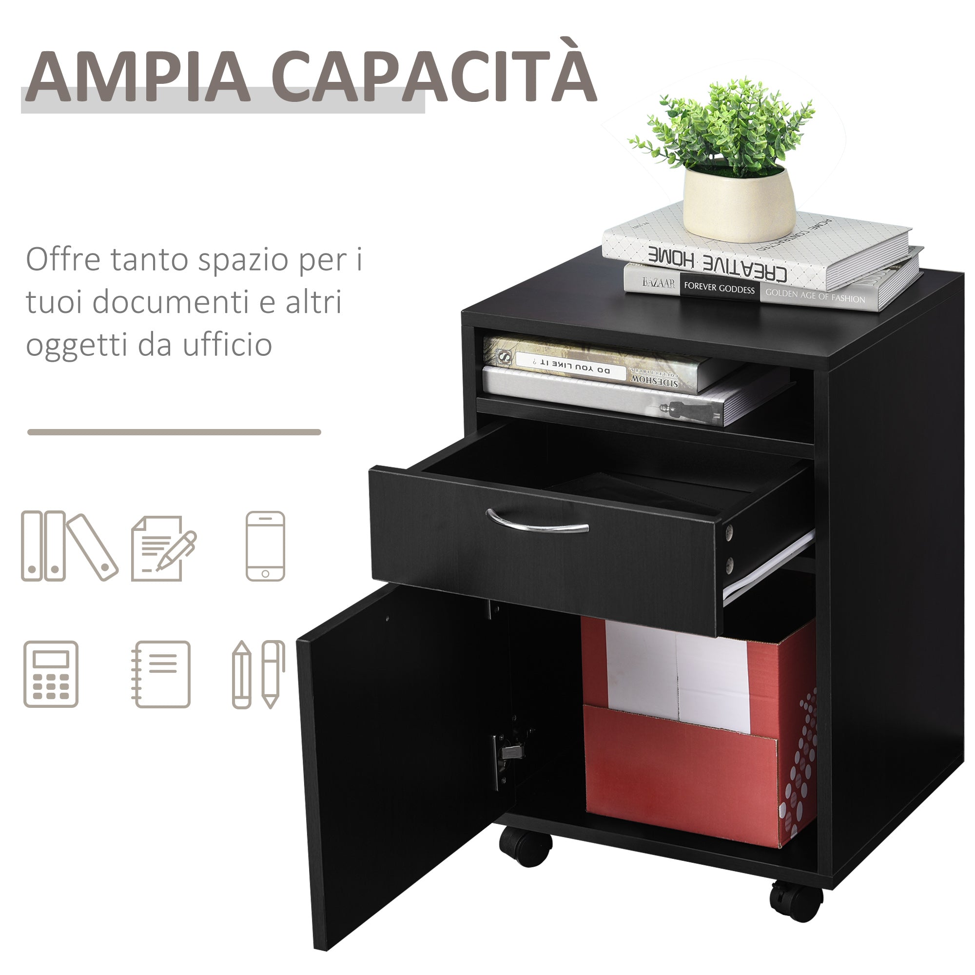 Black Wooden Office Boarding Drawer with 2 drawers, 4 hominidirectional wheels, 40 x 35 x 60cm - Borgè