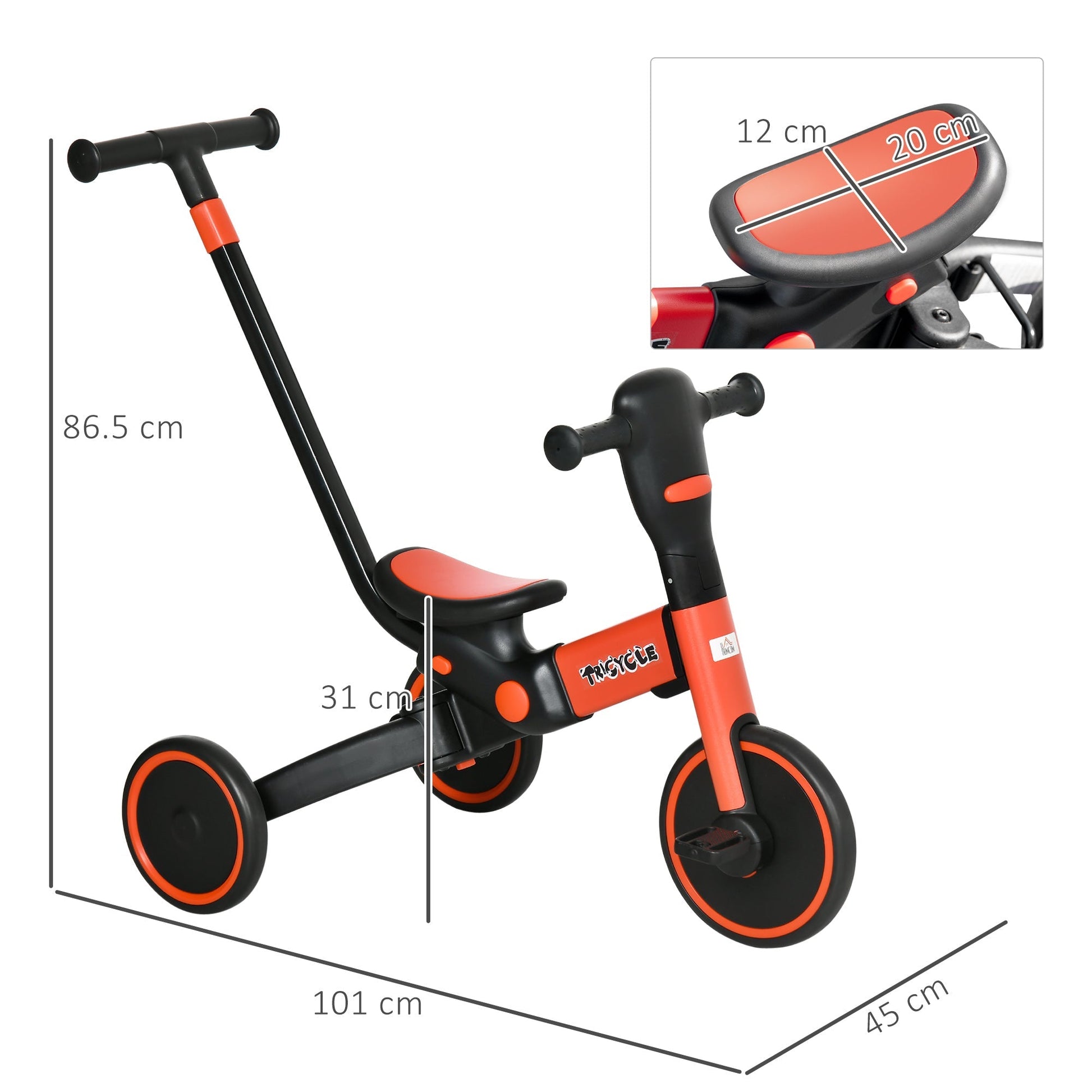 Tricycle for children 18-60 months with adjustable handlebar and closed wheels, 101x45x86.5 cm, red - Borgè