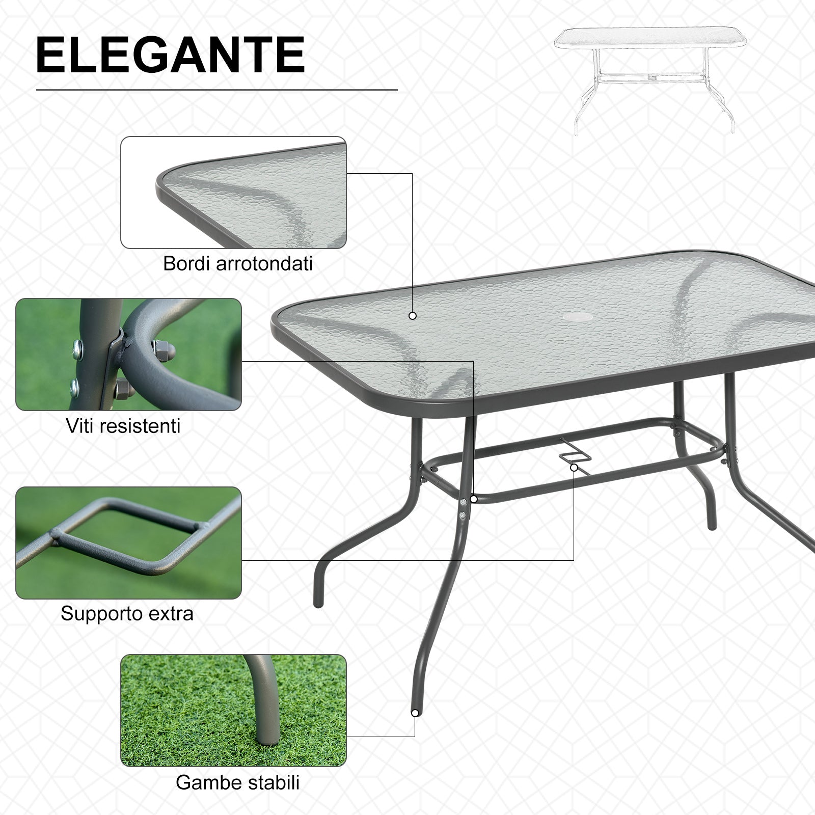 Garden Table with Umbrella Hole, Outdoor Furniture in Metal and Glass 120x80x70cm Grey - Borge' Group Limited