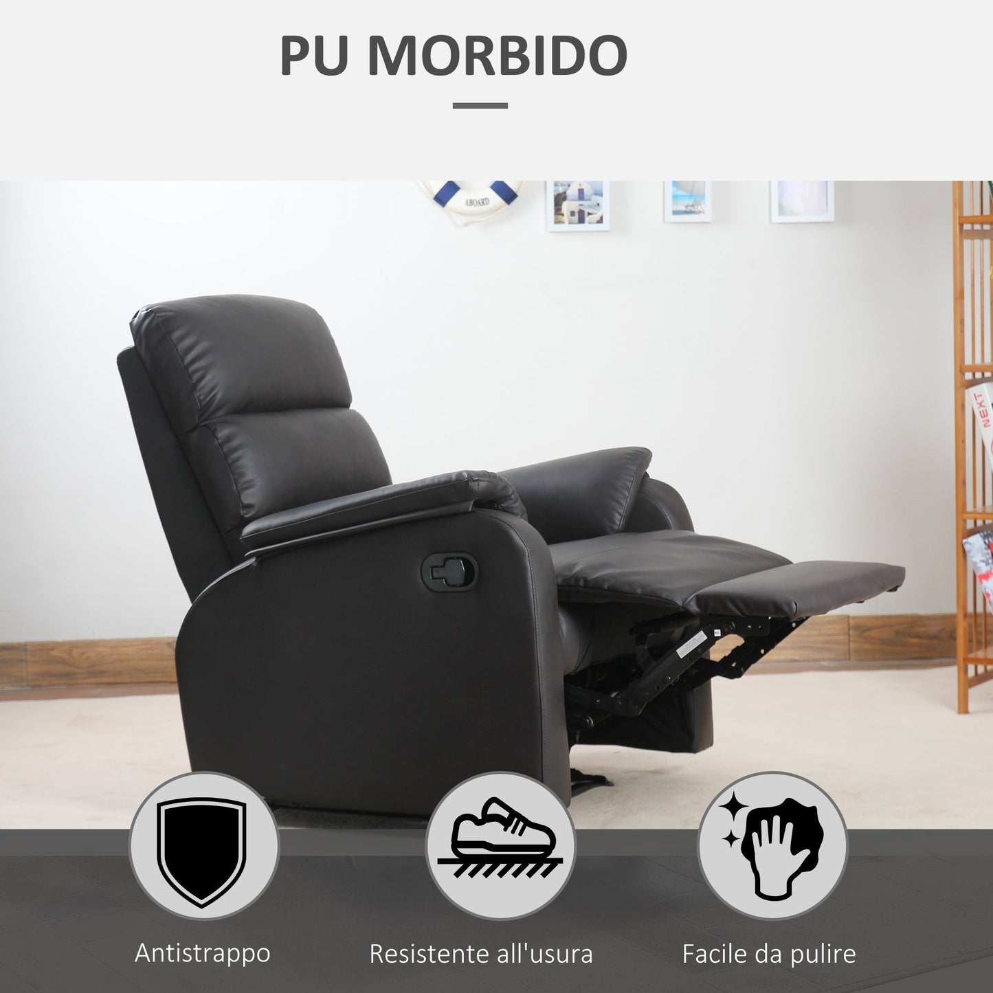 Relaxing Armchair For Interior, manually reclining with padded pillow, in the like and steel, 75x82x99 cm, brown - Borgè