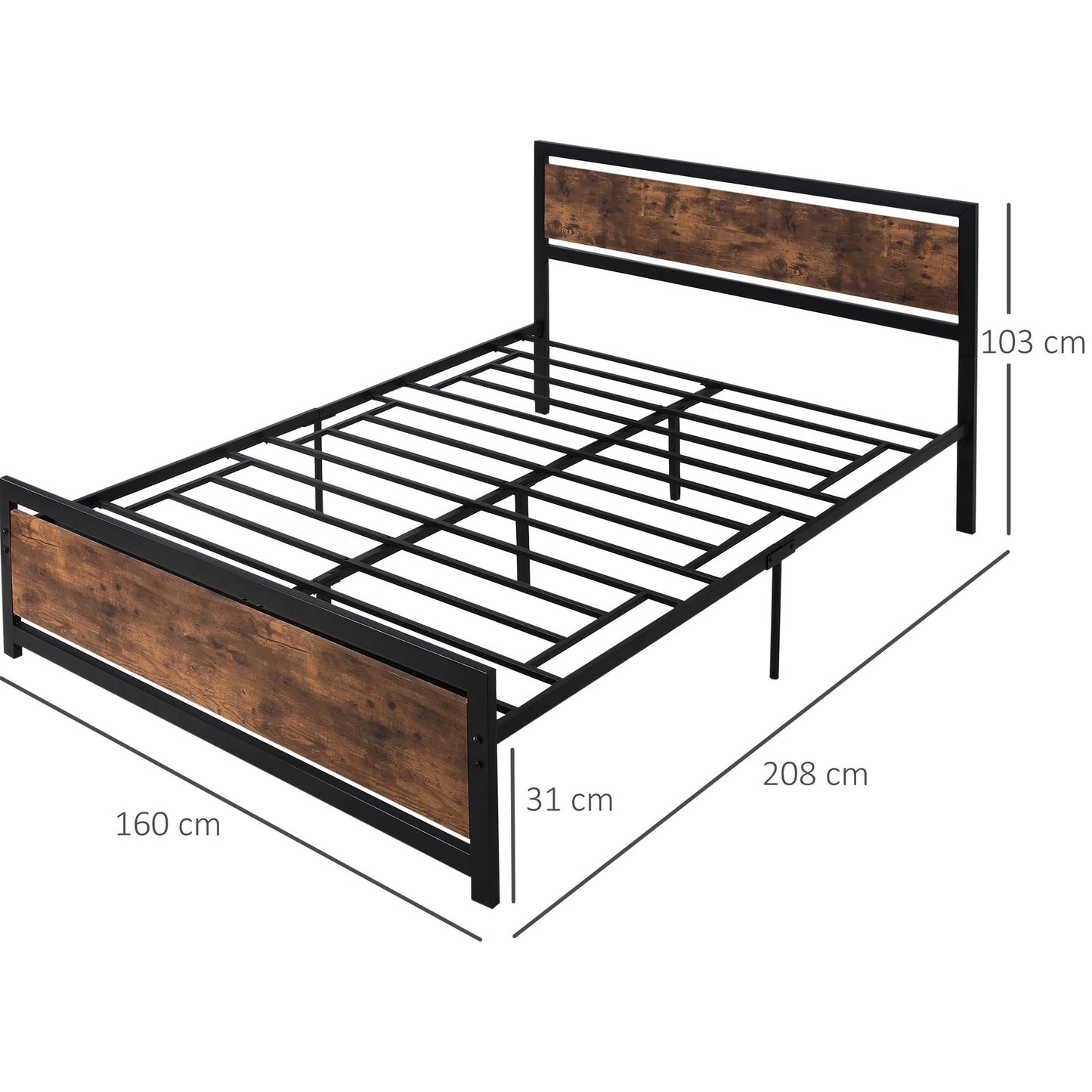 Homcom Wood and steel double bed with industrial style slats, 160x200cm - Borgè