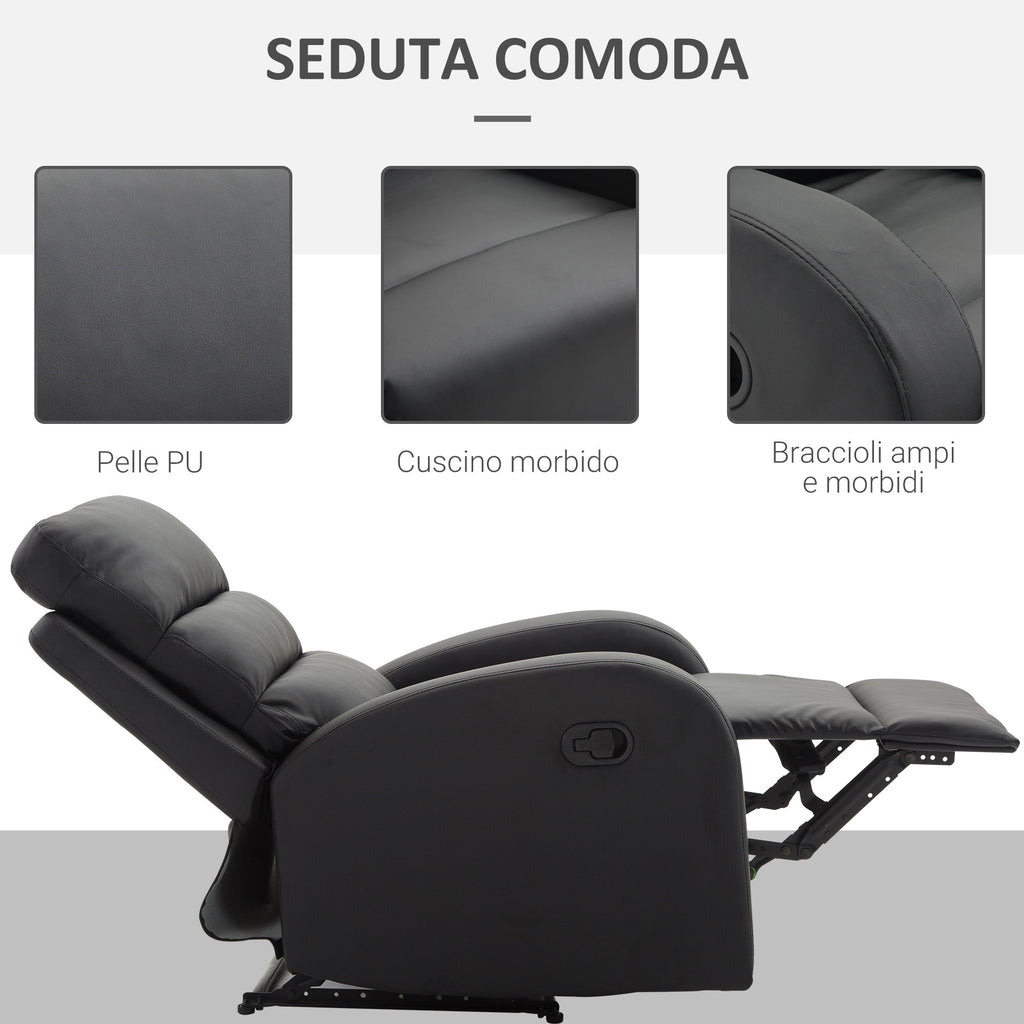 Relaxable relaxation armchair with padded seat and footrests, for home and office, in eco -leather, 80x91x102 cm, black - Borgè