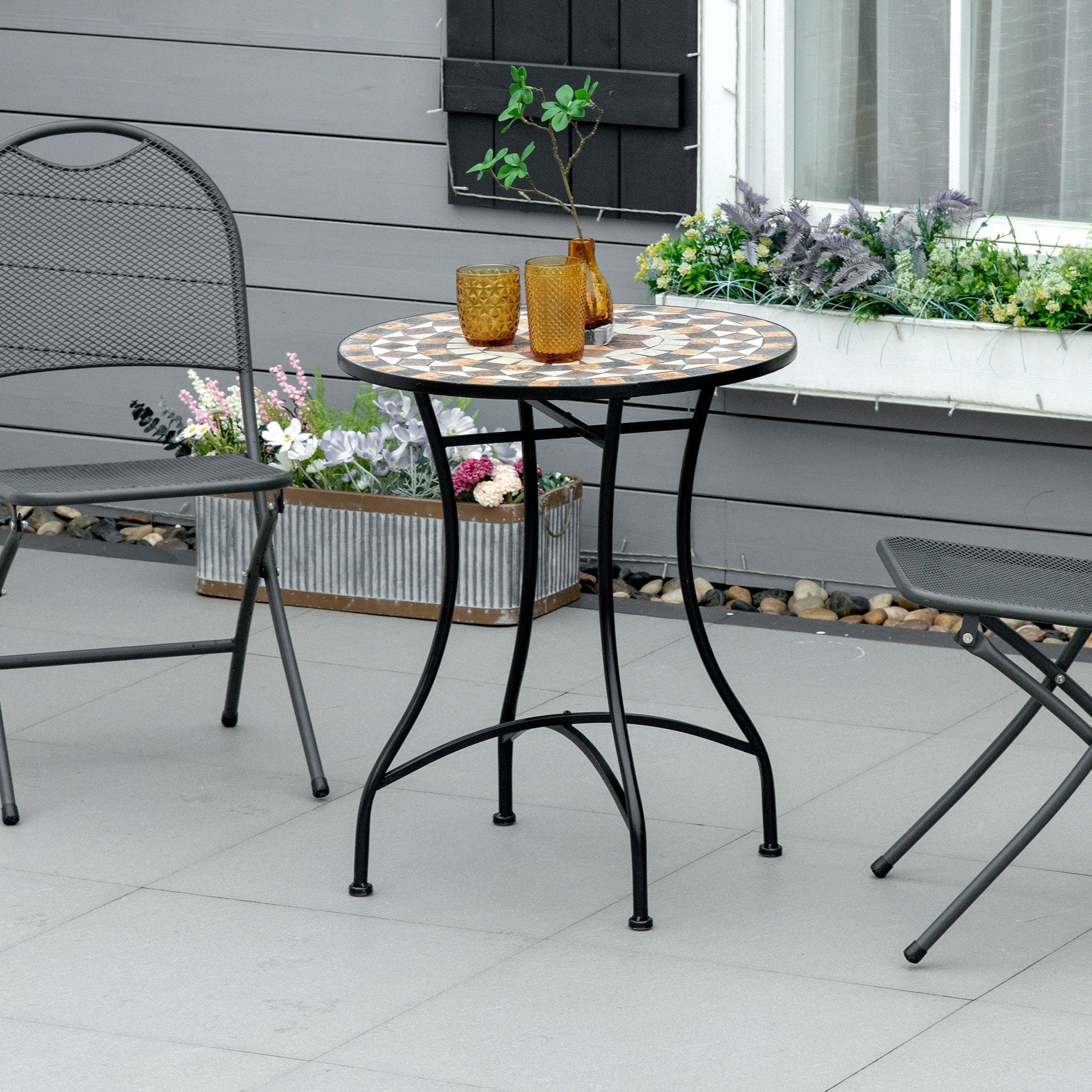 Round Metal and Mosaic Garden Table for Outdoor and Indoor Use, 60x71cm, Black - Borge' Group Limited