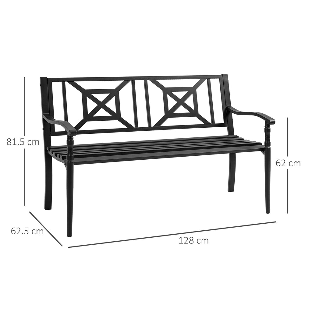 Black Steel Garden Bench for 2 Persons with High Backrest and Armrests, 128x62. 5x81. 5 cm - Borge' Group Limited