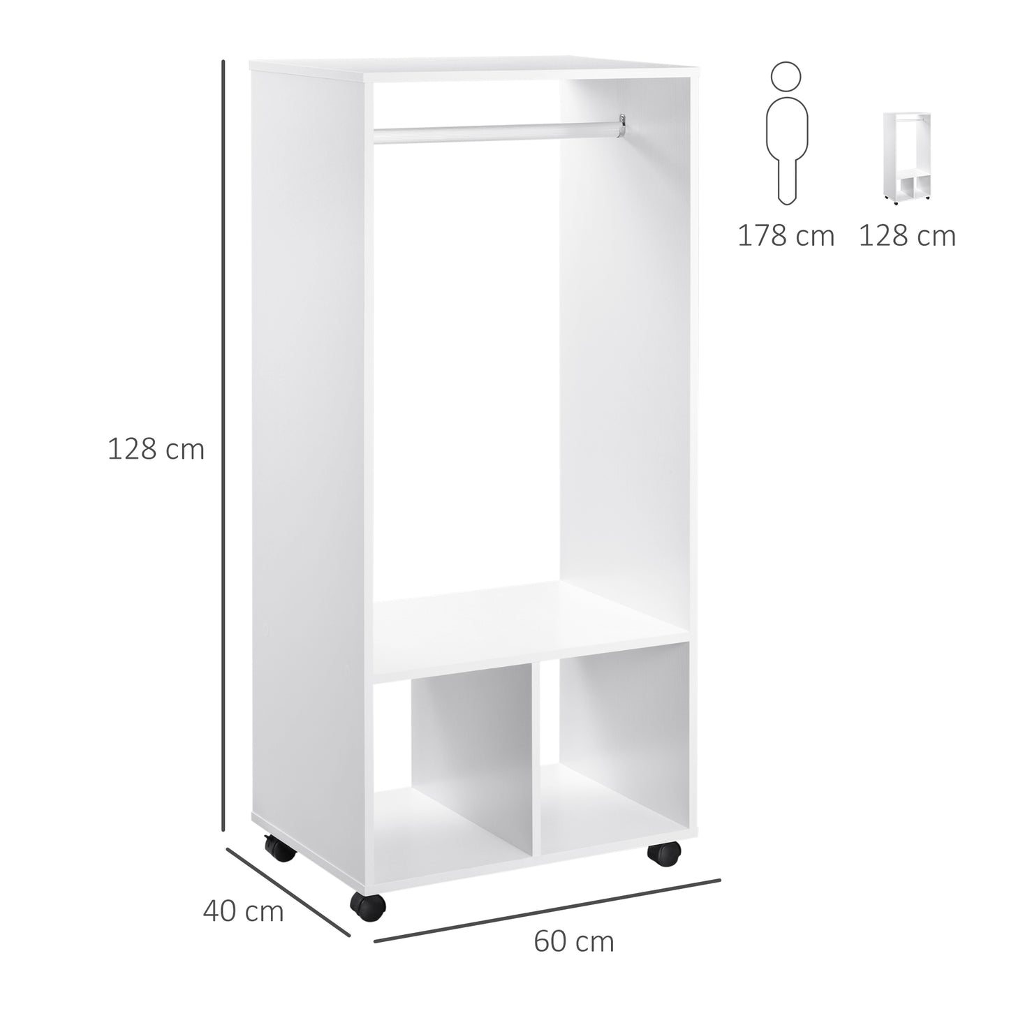 Homcom Mobile Available with aluminum bar and 2 open shelves, in chipboard, 60x40x128 cm, white - Borgè