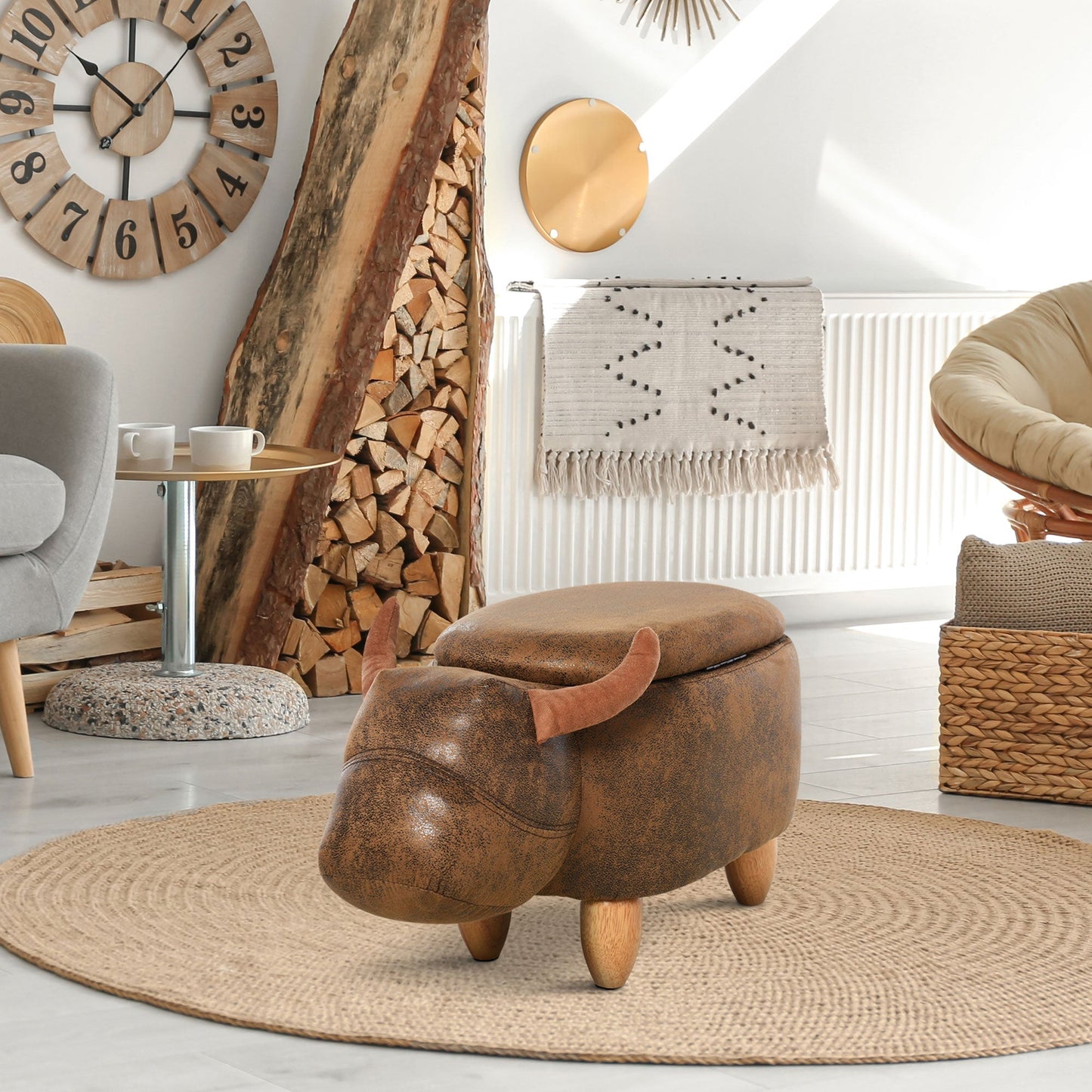 Homcom pouf buffalo -shaped container, footrest stool with wooden structure and brown padded seat - Borgè