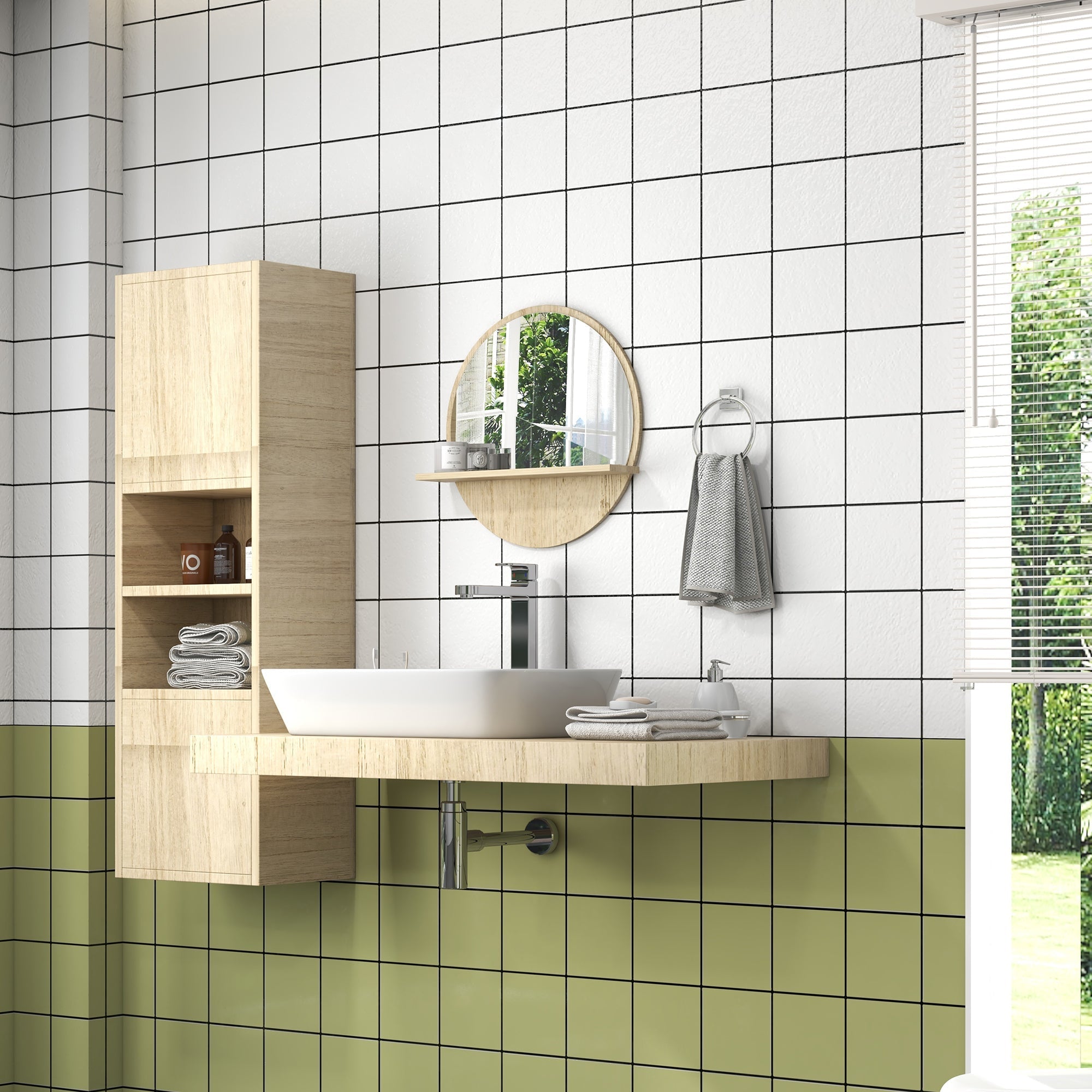 Kleankin Rotondic bath mirror in chipboard and glass with storage shelf and 2 rear hooks, Ã˜45x10 cm - Borgè