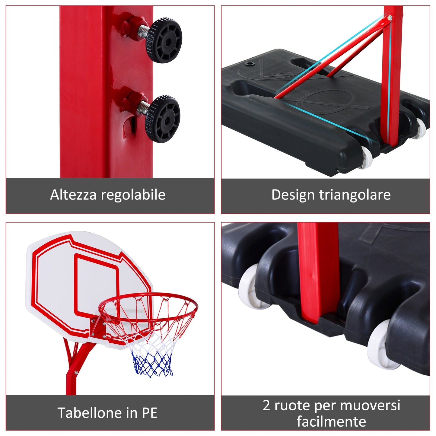 Canestro Self-supporting basketball with adjustable height 210-260cm and wheels, red