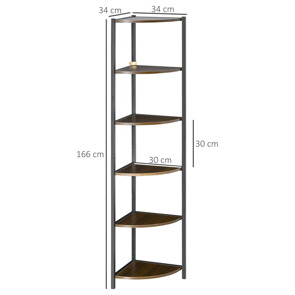 Homonda Modern Angular Bookshop with 6 metal shelves and MDF, 34x34x166cm, brown and black - Borgè