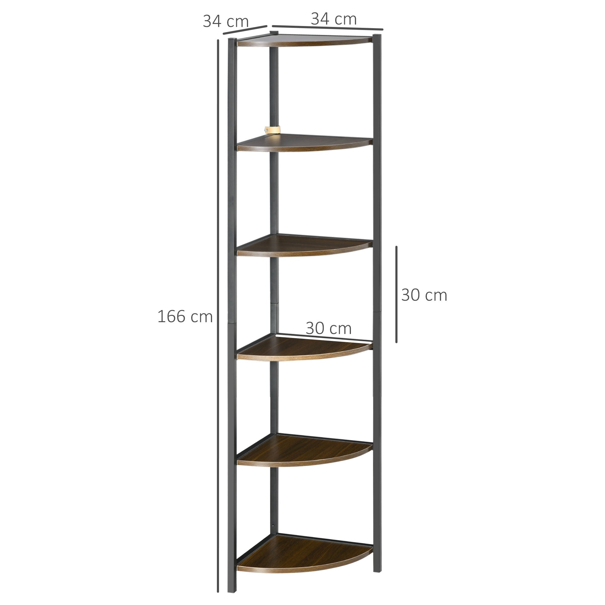 Homonda Modern Angular Bookshop with 6 metal shelves and MDF, 34x34x166cm, brown and black - Borgè