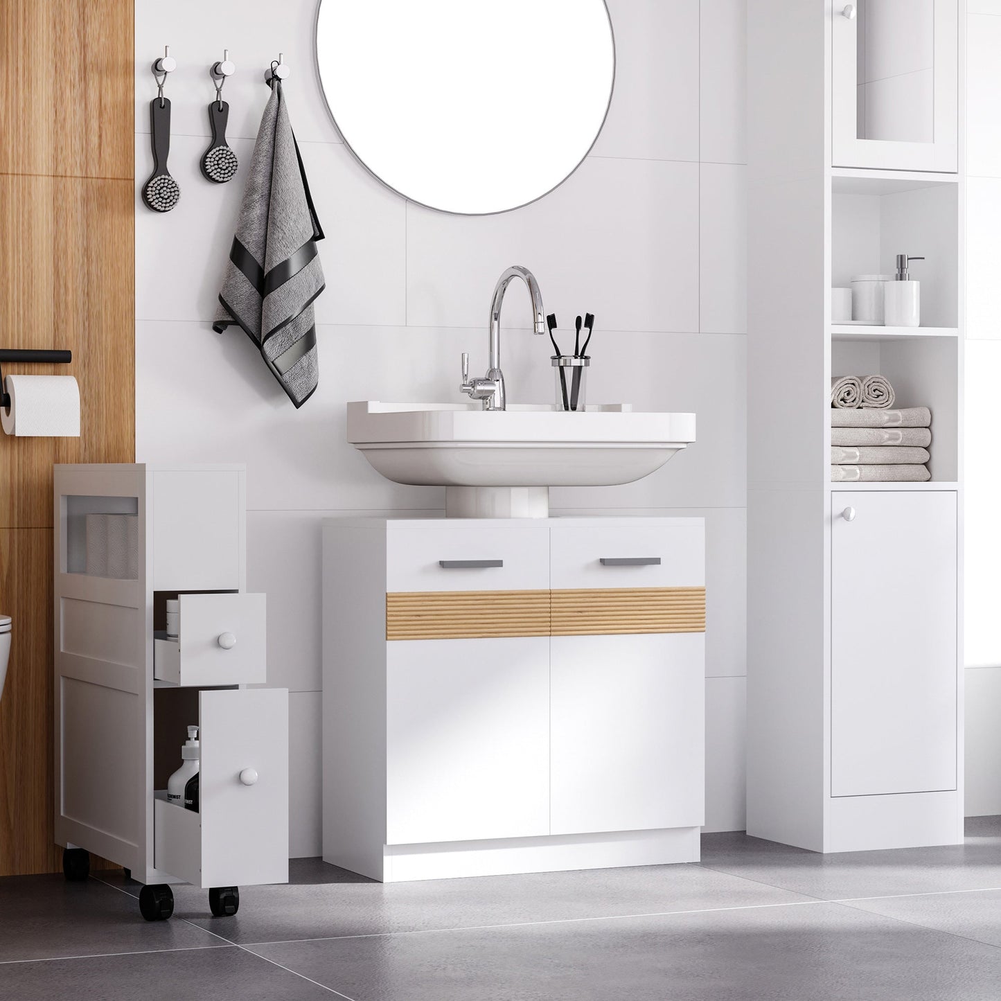 kleankin Bathroom Vanity Cabinet with MDF and Bamboo Doors 60x30x60.5cm - White and Wood Color - Borgè