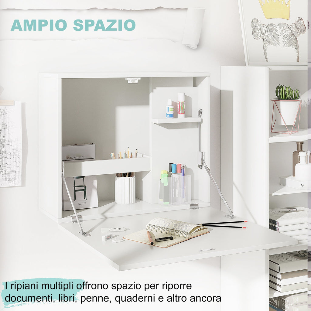 Folding Wall Desk and Space -Space With Shelves, for home and Office, in Truciolato and MDF, 60x21.5x50 cm, white - Borgè
